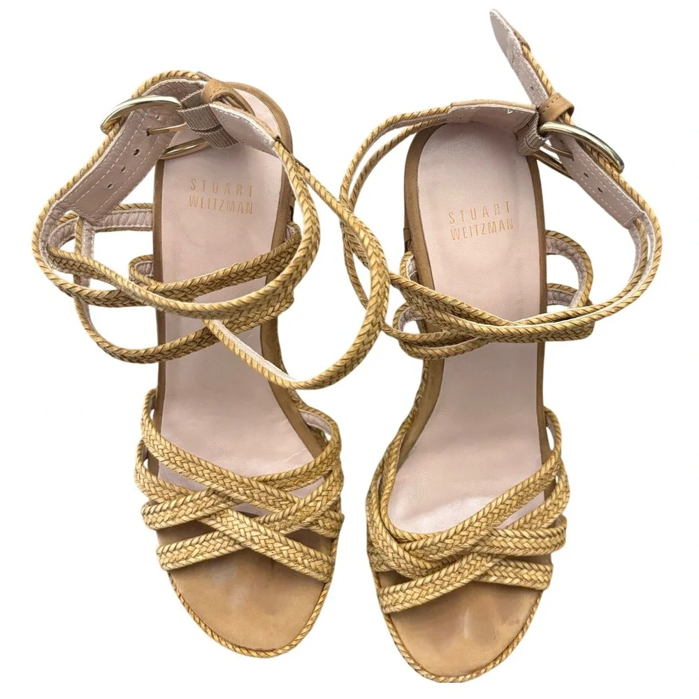 Stuart Weitzman Reins Wedge Sandals Womens Size 8 Tan Braided Leather Heels